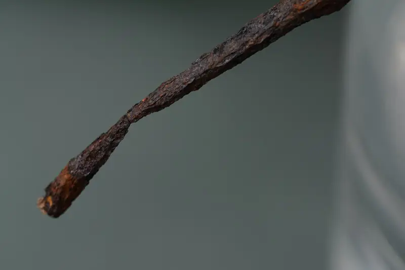An old iron nail covered in reddish-brown rust