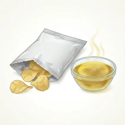खुले चिप्स और कटोरी में तेल